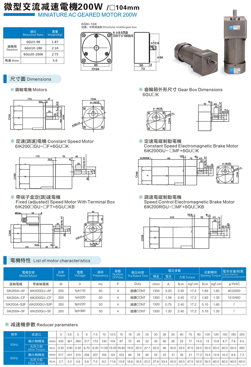 微型交流減速電機(jī)200W